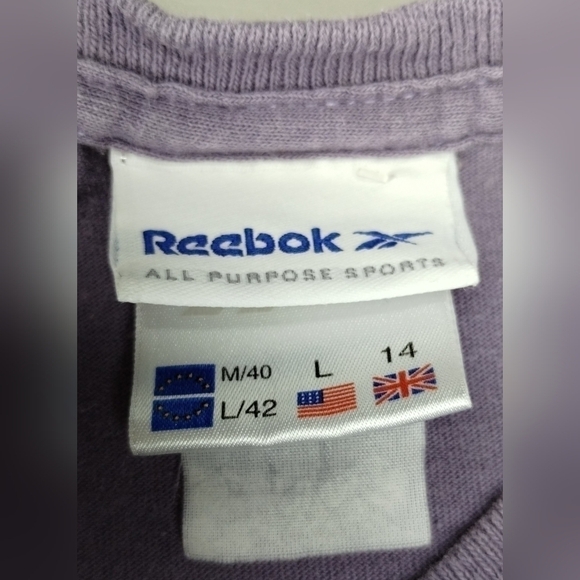VINTAGE 90s Reebok Women's Large T-shirt V-neck L/S Heart & Soul Lavender Cotton - Picture 8 of 9